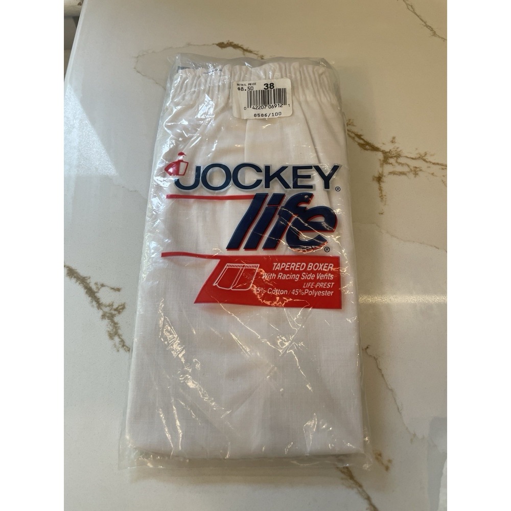 Vintage 1994 Jockey Life Tapered Boxer Men Size 38 White Racing Side Vents New